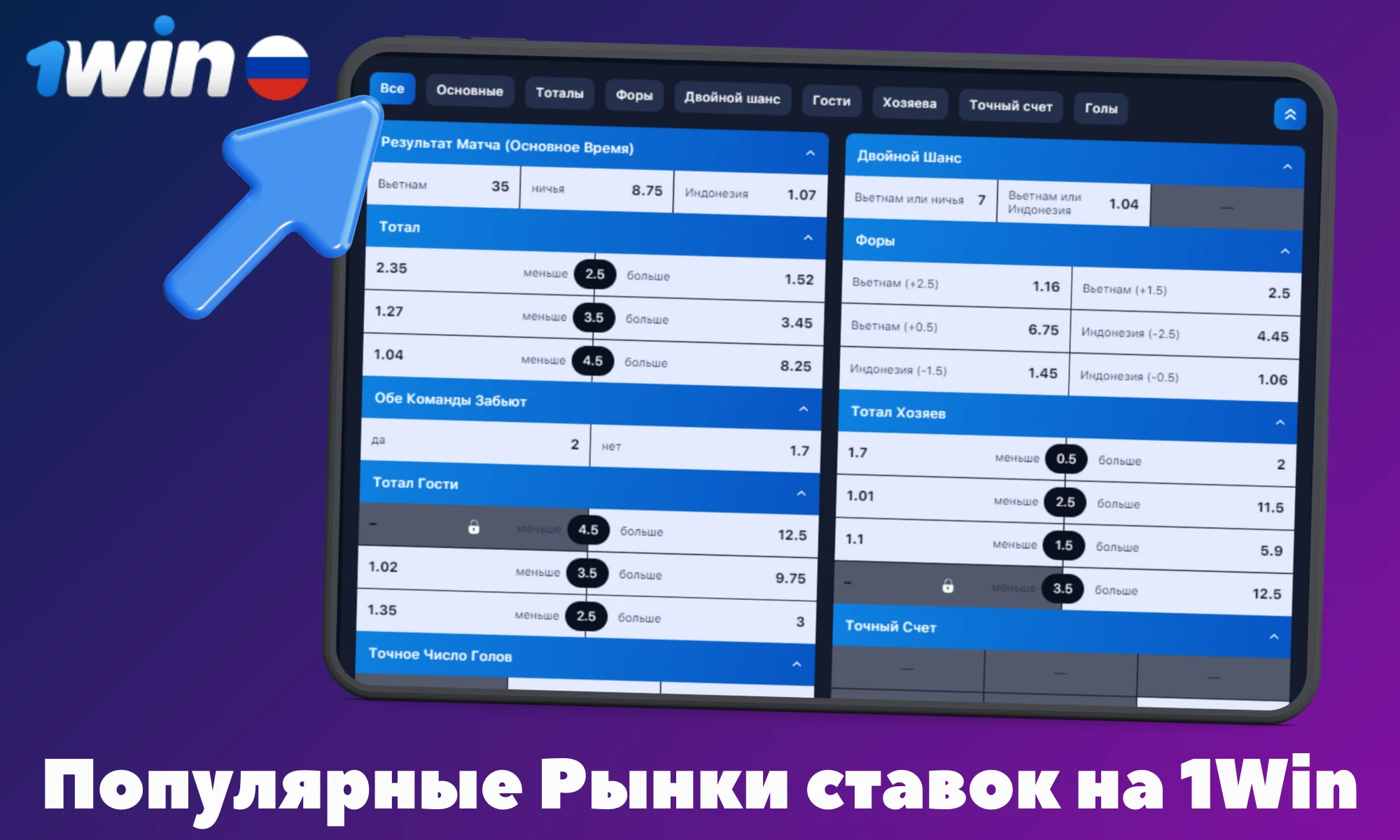 1Win имеет широкий ассортимент рынков ставок